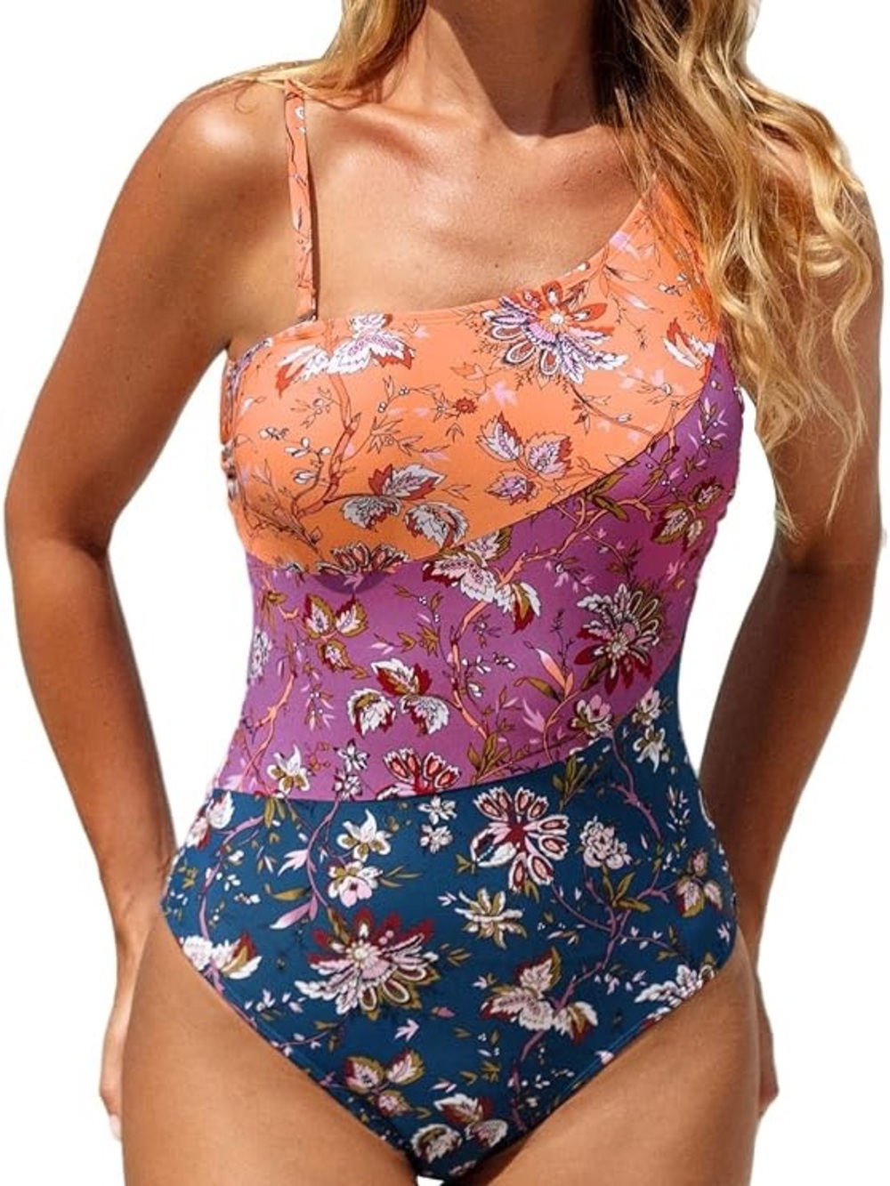 NWT Cupshe One-Shoulder Floral Colorblock One-Piece Swimsuit